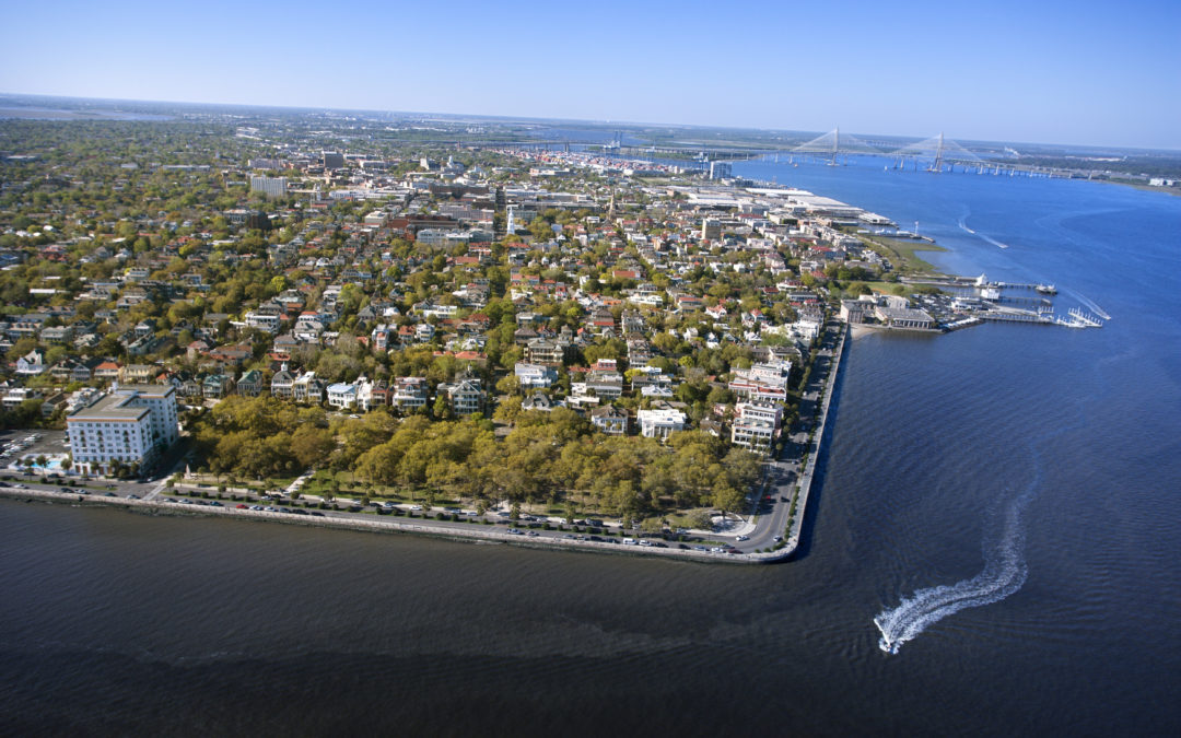 Aerial view of harbor and buildings in Charleston, South Carolina.