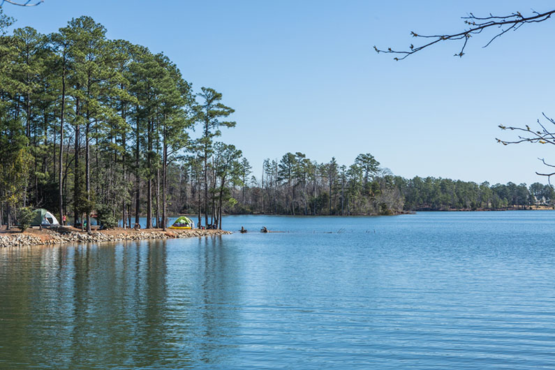 Tent camping on the blue waters of Lake Murray